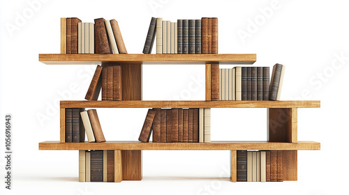 Wooden book shelve with alot of books Isolated on White Background photo