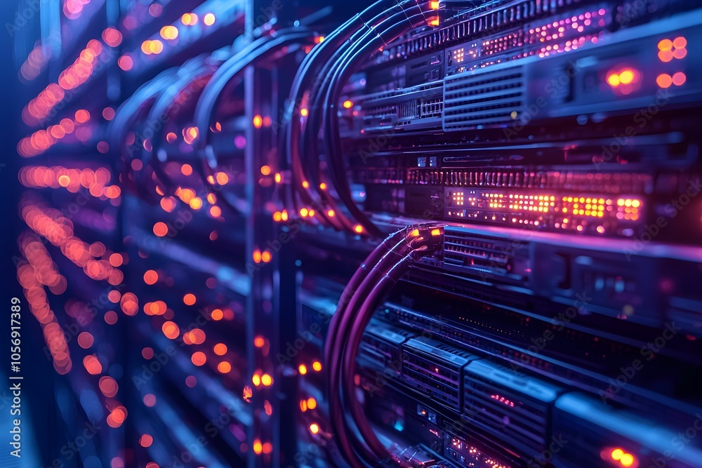 Networking equipment glowing in a data center at night Networking equipment glowing in a data center at night