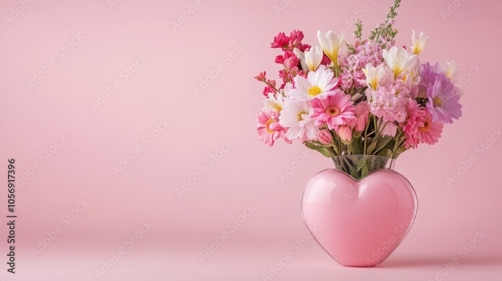 Heart shaped vase filled with a spring flower bouquet on a soft pink backdrop with space available for text Heart shaped vase filled with a spring flower bouquet on a soft pink backdrop with space available for text