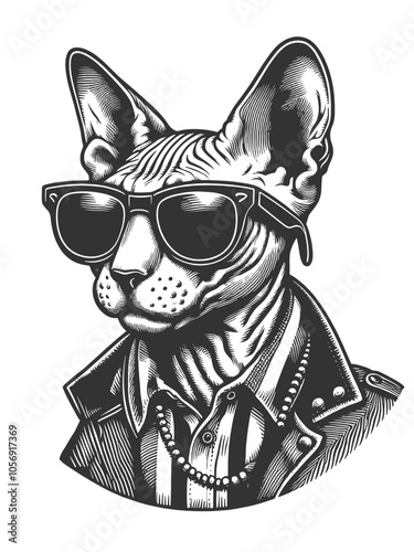 Sphynx cat confidently wearing sunglasses, exuding coolness and attitude sketch engraving generative ai vector illustration. Scratch board imitation. Black and white image.