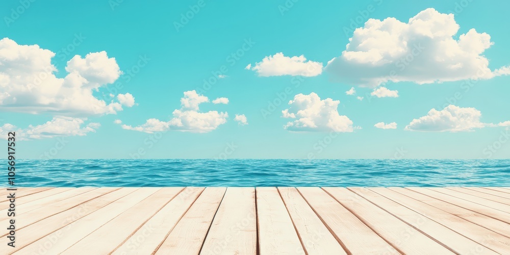 Summer Ocean Background with Wooden Deck Blue Sky White Clouds and Turquoise Water Summer Ocean Background with Wooden Deck Blue Sky White Clouds and Turquoise Water