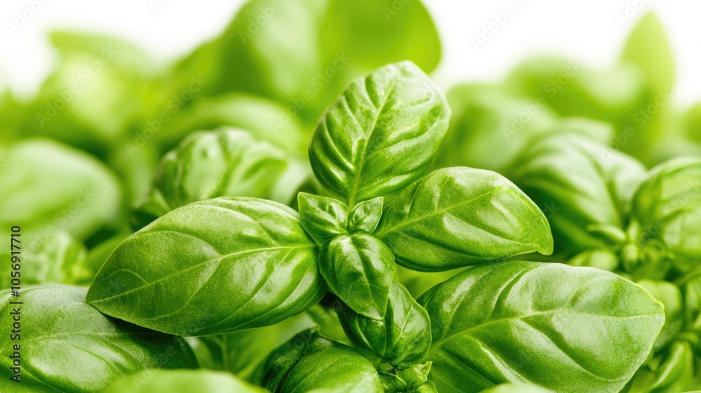 Close up of vibrant green basil leaves on a white background Close up of vibrant green basil leaves on a white background
