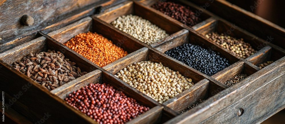 The Various Kind Of Seeds In The Wooden Box The Various Kind Of Seeds In The Wooden Box