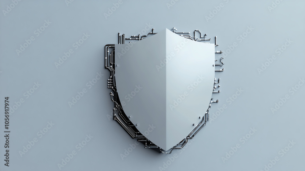 A conceptual shield design with a digital circuit pattern, symbolizing cybersecurity and protection in the tech environment.