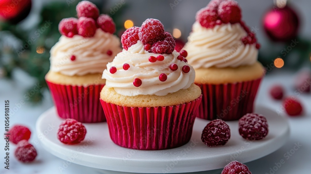 Delicious homemade raspberry cream cheese frosting cupcakes adorned with festive red decorations Sweet treats perfect for holiday celebrations Delicious homemade raspberry cream cheese frosting cupcakes adorned with festive red decorations Sweet treats perfect for holiday celebrations