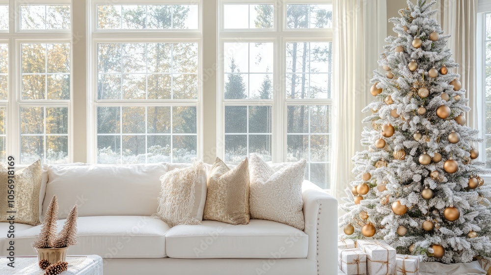 Stylish white Christmas tree adorned with gold and bronze ornaments in a warm living room featuring a plush white sofa with decorative pillows and ample natural light from large windows Stylish white Christmas tree adorned with gold and bronze ornaments in a warm living room featuring a plush white sofa with decorative pillows and ample natural light from large windows
