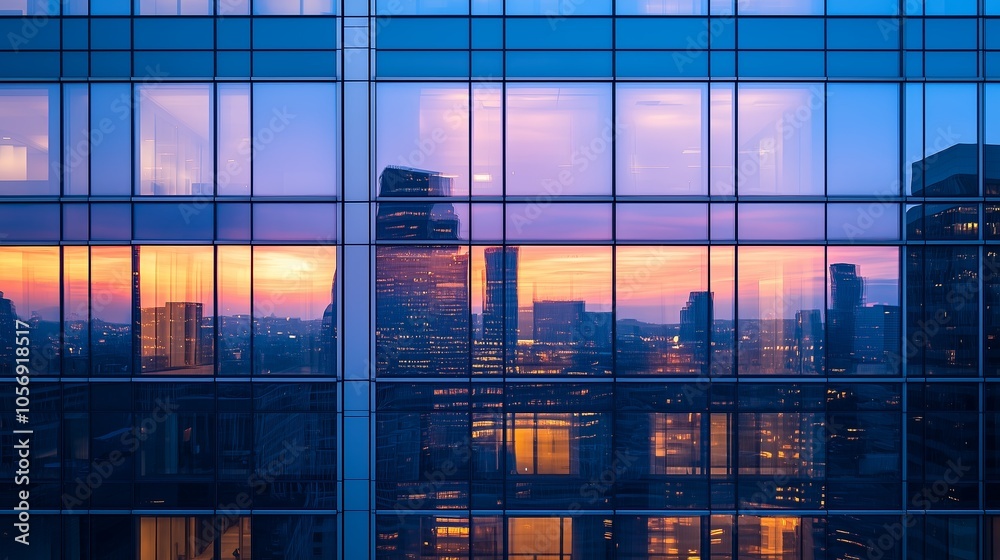 A city skyline is reflected in the windows of a tall building. The sky is a beautiful orange and pink color, creating a serene and peaceful atmosphere A city skyline is reflected in the windows of a tall building. The sky is a beautiful orange and pink color, creating a serene and peaceful atmosphere