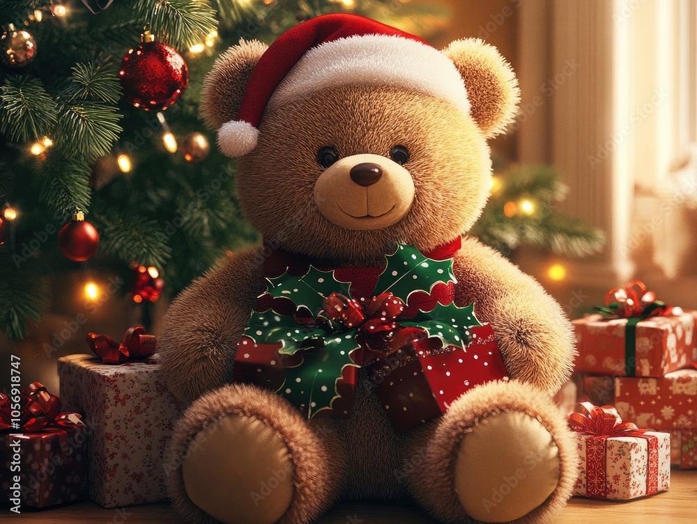 Cute teddy bear wearing a Christmas hat near the decorated tree