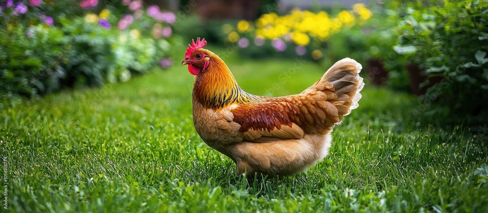 Fototapeta premium Chickens In A Garden On A Background Of Green Grass