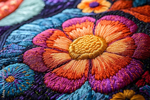 Vibrant floral embroidery showcasing intricate stitching details