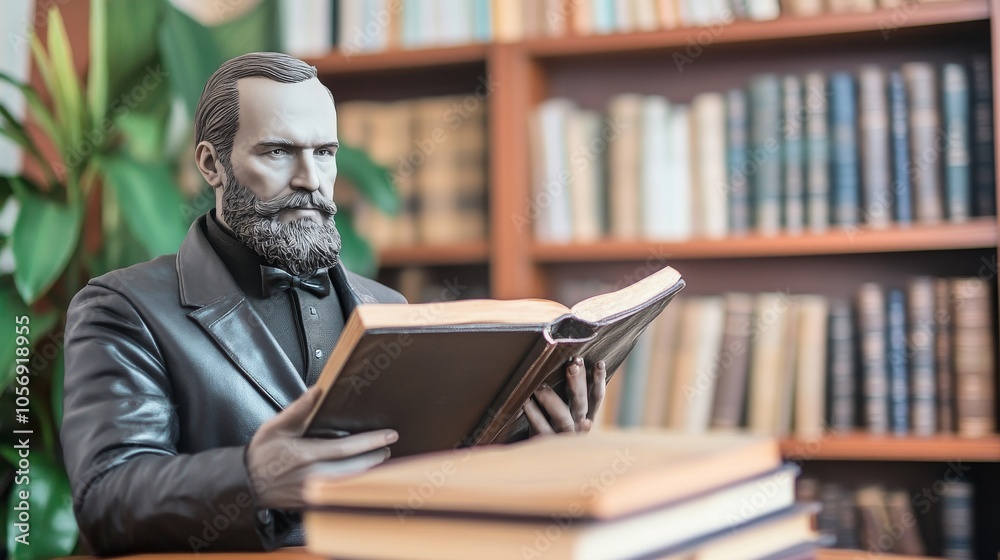 A classic statue of a man reading a book in a library filled with shelves, conveying knowledge and wisdom. A classic statue of a man reading a book in a library filled with shelves, conveying knowledge and wisdom.