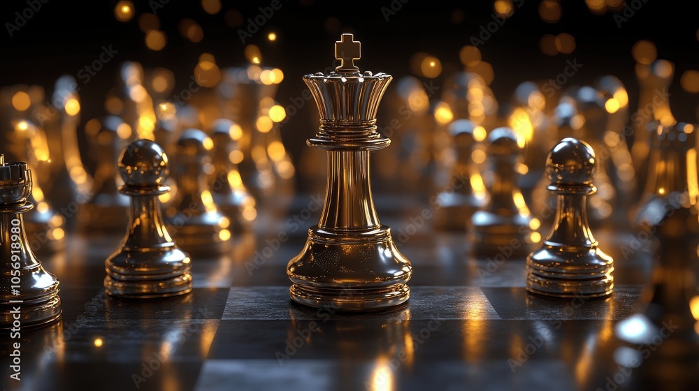 Gold king surrounded by silver chess pieces on a dark chessboard representing a competitive game with virtual icons symbolizing strategy digital marketing and leadership Gold king surrounded by silver chess pieces on a dark chessboard representing a competitive game with virtual icons symbolizing strategy digital marketing and leadership