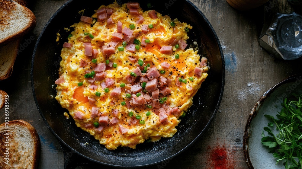Overhead view of scrambled eggs diced ham and toasted bread Overhead view of scrambled eggs diced ham and toasted bread