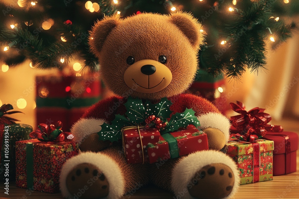 Cute teddy bear wearing a Christmas hat near the decorated tree Cute teddy bear wearing a Christmas hat near the decorated tree