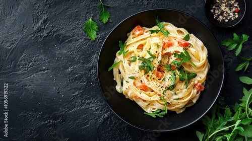 Aerial perspective of a black bowl filled with creamy pasta fresh greens and herbs on a dark textured backdrop showcasing a gourmet vegetarian meal photo