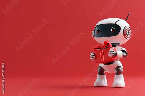 Cute robot with gift box on red background