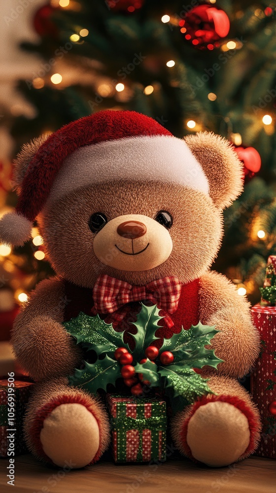 Cute teddy bear wearing a Christmas hat near the decorated tree Cute teddy bear wearing a Christmas hat near the decorated tree