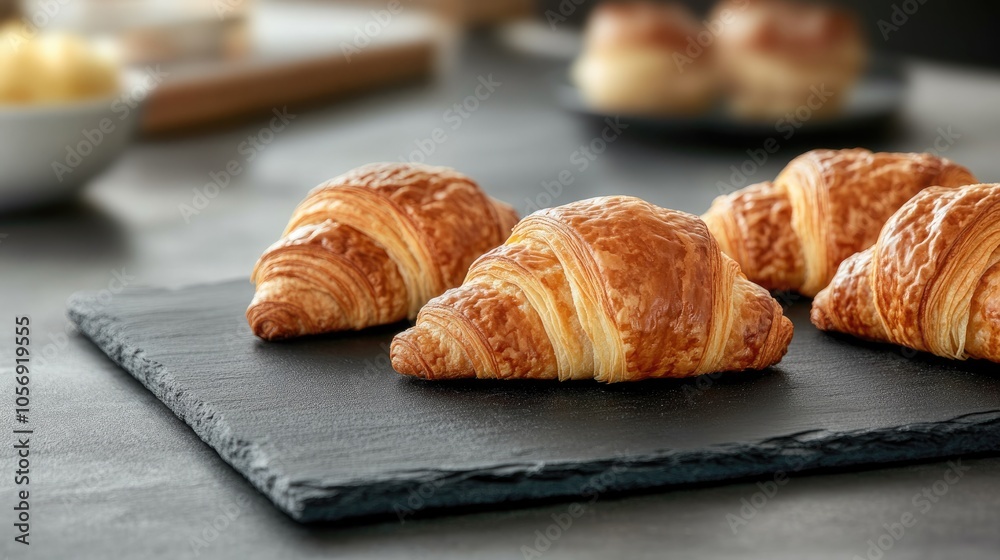 Close up of freshly baked croissants displayed on a dark slate serving board emphasizing a delightful bakery and breakfast theme Close up of freshly baked croissants displayed on a dark slate serving board emphasizing a delightful bakery and breakfast theme