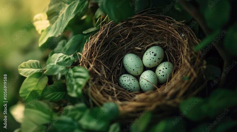 Close up of a bird s nest containing speckled eggs nestled in lush greenery highlighting the beauty of nature and wildlife Close up of a bird s nest containing speckled eggs nestled in lush greenery highlighting the beauty of nature and wildlife