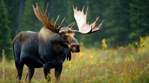 Bull moose with impressive antlers in a natural setting photo