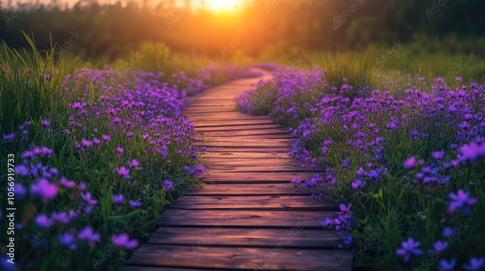 Obraz premium Wooden path winding through a meadow at sunset adorned with purple flowers creating a tranquil spring atmosphere