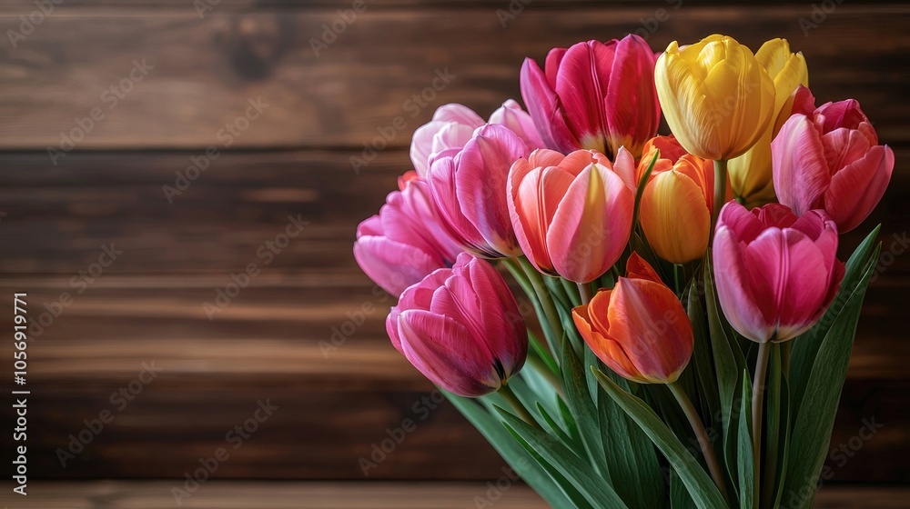 Spring Flowers A Bouquet Of Tulips Of Different Colors On The Background Of Wooden Boards Spring Flowers A Bouquet Of Tulips Of Different Colors On The Background Of Wooden Boards