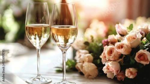 Two wine glasses with a bouquet of flowers on a table symbolizing romance and a special occasion for couples photo