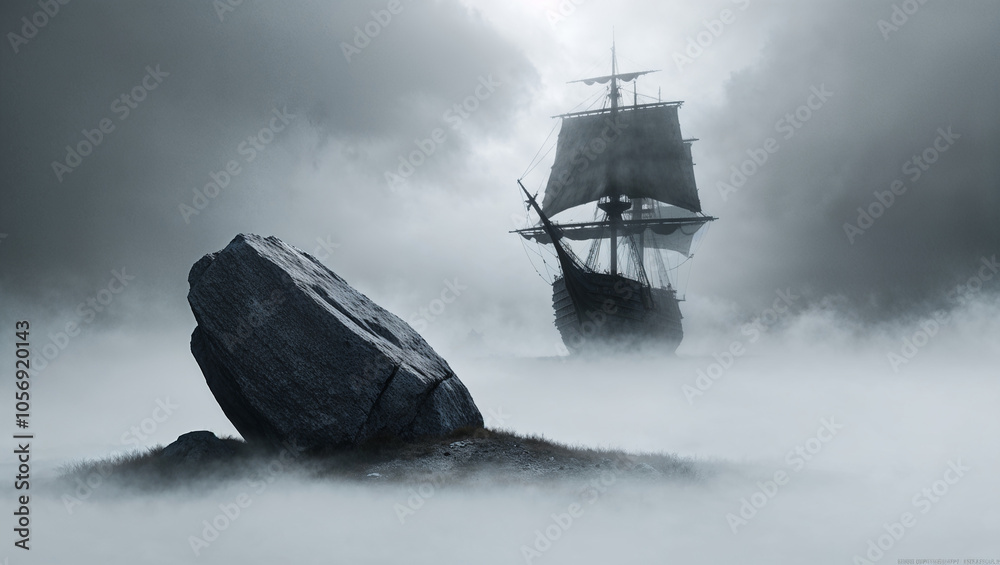 Obraz premium Mysterious ship sailing through foggy, eerie landscape scene