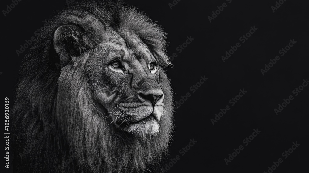 Monochrome studio portrait of a majestic and powerful lion Monochrome studio portrait of a majestic and powerful lion