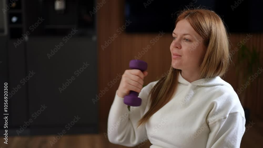 A woman is engaging in strength training exercises using dumbbells within the comfort of her cozy home environment A woman is engaging in strength training exercises using dumbbells within the comfort of her cozy home environment