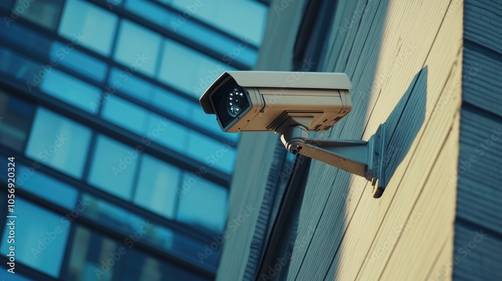 Surveillance camera mounted on a building exterior enhancing public safety in urban areas showcasing advanced surveillance technologies Surveillance camera mounted on a building exterior enhancing public safety in urban areas showcasing advanced surveillance technologies