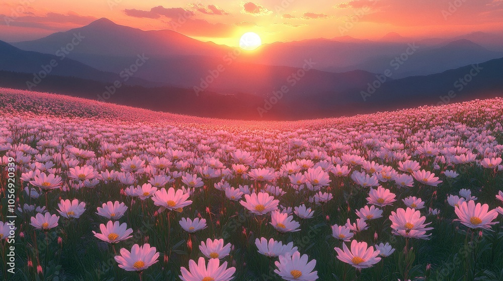Obraz premium Field of white daisies in the foreground with mountains in the background under a pink sunset