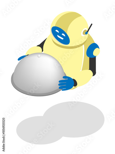 Robot courier delivery brought order of ready meal to address. Technologies of future. Isolated vector on white background