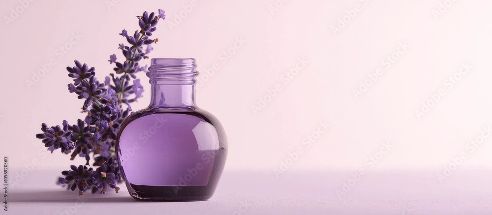 Lavender Essential Oil In A Beautiful Bottle On The White Background Lavender Essential Oil In A Beautiful Bottle On The White Background
