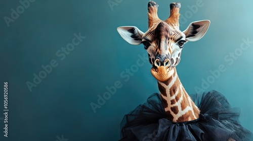 A stunning giraffe adorned in a stylish black skirt