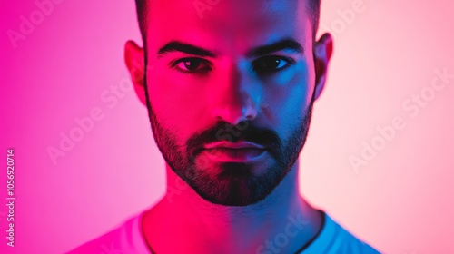 A close-up portrait of a man under vibrant pink and blue lighting, showcasing a strong expression and modern aesthetic.