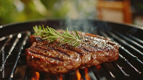 Close up of grilled steak with rosemary on a sizzling barbecue grill showcasing outdoor cooking and summer barbecue themes photo