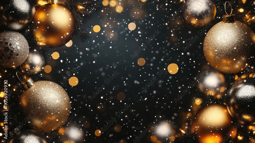 Festive frame featuring elegant golden and silver ornaments for the holiday season Festive frame featuring elegant golden and silver ornaments for the holiday season