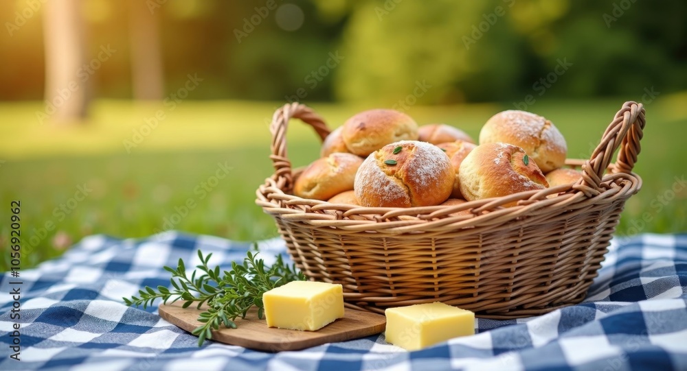 A warm bread basket with freshly baked rolls, butter, and herbs A warm bread basket with freshly baked rolls, butter, and herbs