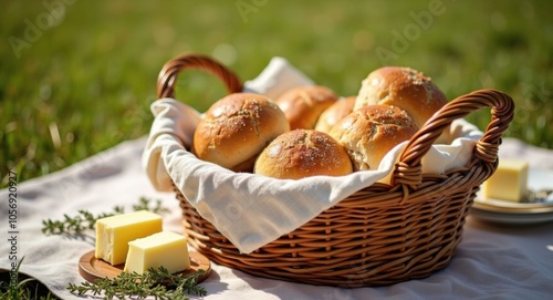 A warm bread basket with freshly baked rolls, butter, and herbs