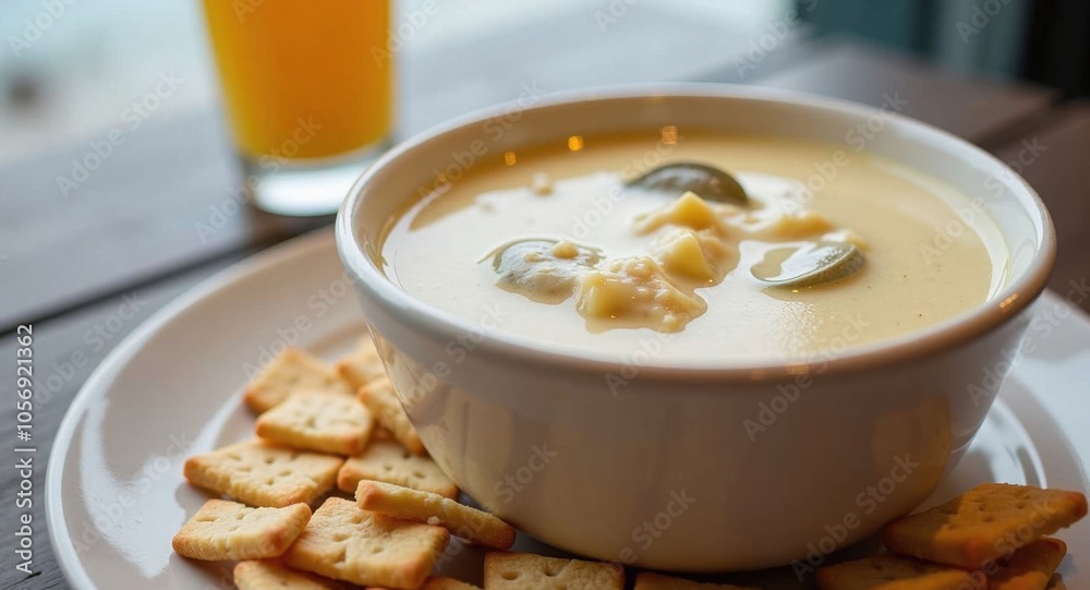 A bowl of creamy clam chowder with oyster crackers on a seaside restaurant table A bowl of creamy clam chowder with oyster crackers on a seaside restaurant table