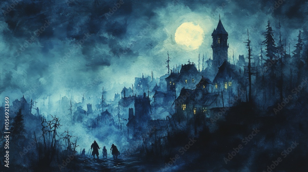 Three Figures Walking Through a Foggy, Moonlit Cityscape Three Figures Walking Through a Foggy, Moonlit Cityscape