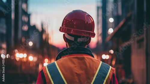 Construction worker wearing a safety helmet at a construction site representing themes of the construction industry photo