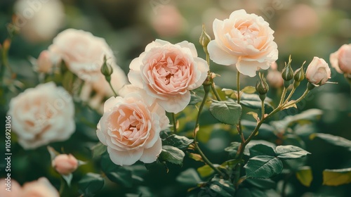 Floral Roses Blossom In The Garden Closeup View Of Beautiful Rosa Georgette Flower Cluster Of Light Pink And White Petals Spring Blooming In The Park