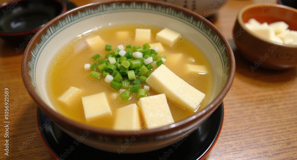 A bowl of fresh miso soup with tofu and green onions A bowl of fresh miso soup with tofu and green onions