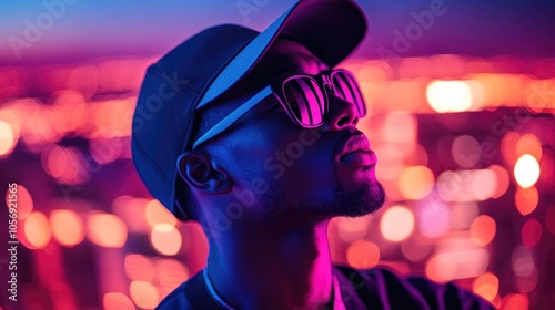 Man wearing a cap and sunglasses against an urban backdrop radiating a thoughtful vibe amidst city lights photo