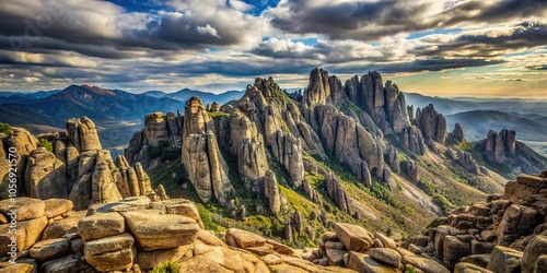 The rugged texture of ancient rocks forms the foundation of an imposing mountain range, landscape, landform, stone photo