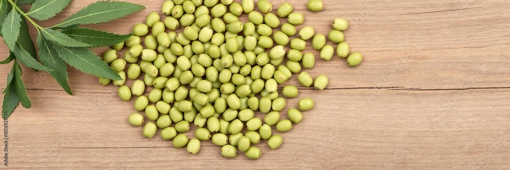 Top view of freshly picked green jojoba seeds arranged on a wooden surface, skincare, green Top view of freshly picked green jojoba seeds arranged on a wooden surface, skincare, green