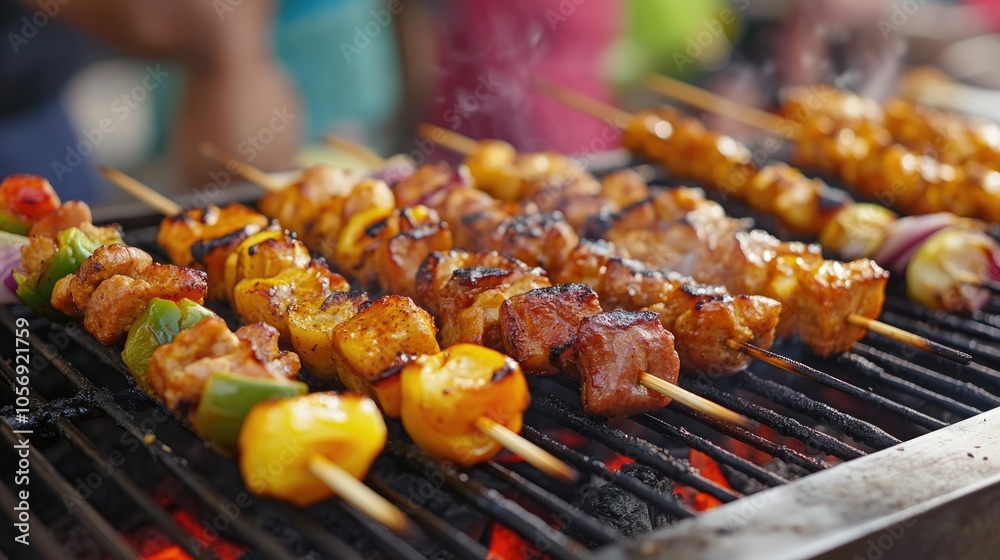 A close up of a grill featuring assorted skewers of food being cooked during a vibrant outdoor barbecue gathering A close up of a grill featuring assorted skewers of food being cooked during a vibrant outdoor barbecue gathering