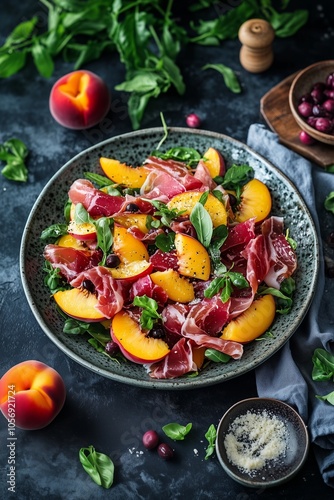 Fresh peach salad with prosciutto and herbs served on a rustic table with garnishes and seasonal ingredients photo